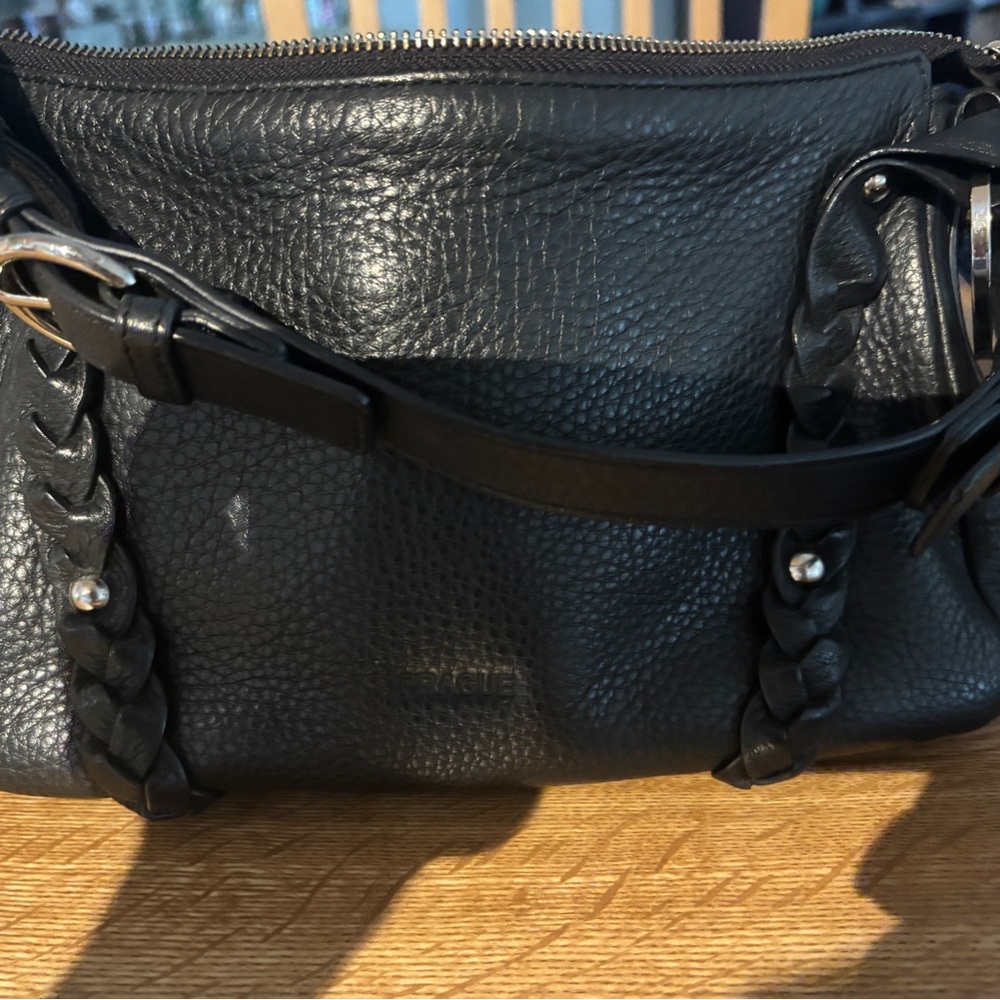 PRAGUE Textured Black Leather Shoulder Bag with Braided Strap Detail
